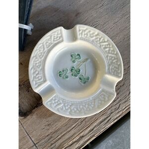 Belleek Ireland Shamrock Clover Round Porcelain Ashtray Green Mark 6th Mark